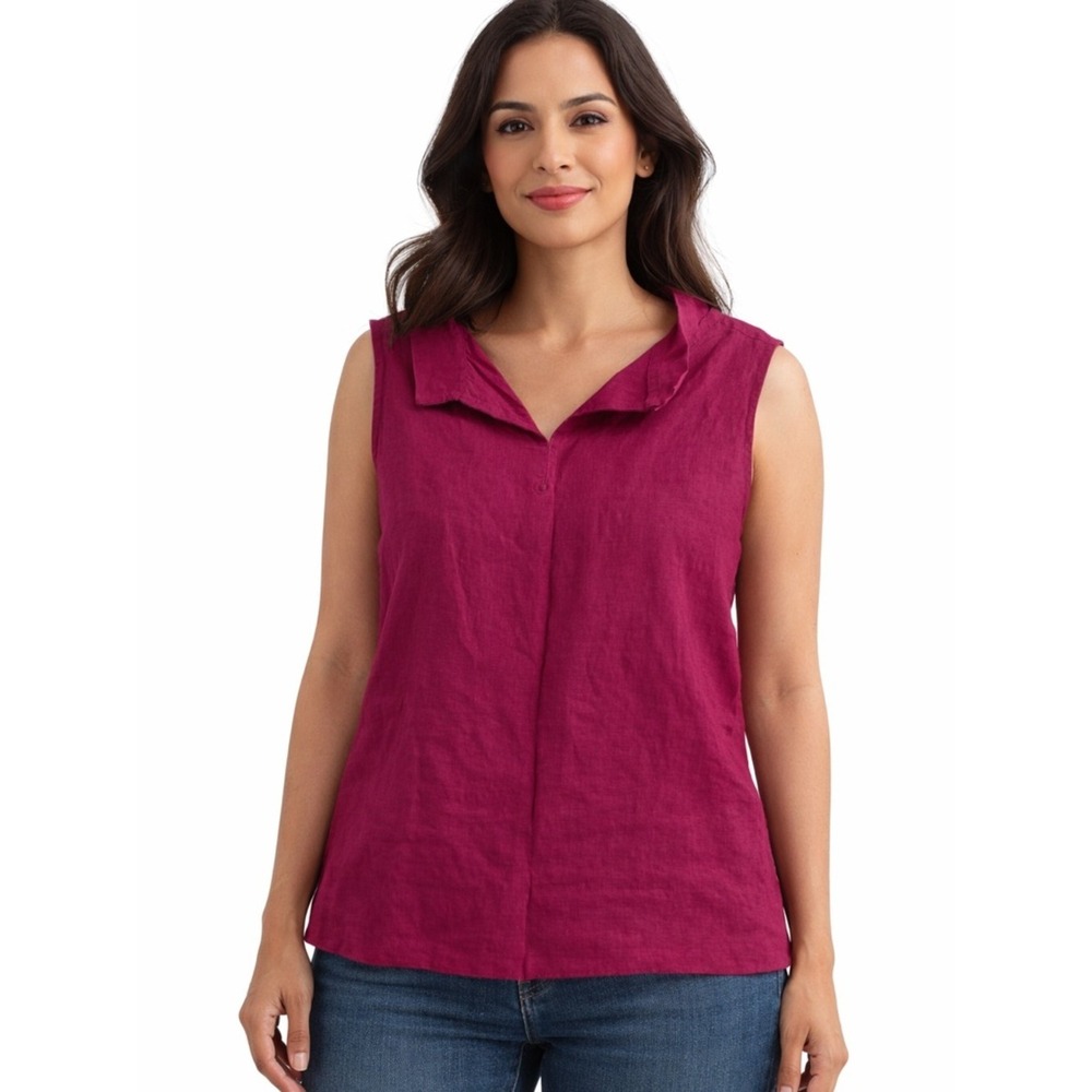 Ann Mashburn 100% Linen Sleeveless Blouse Pink Small Collared Tank Top